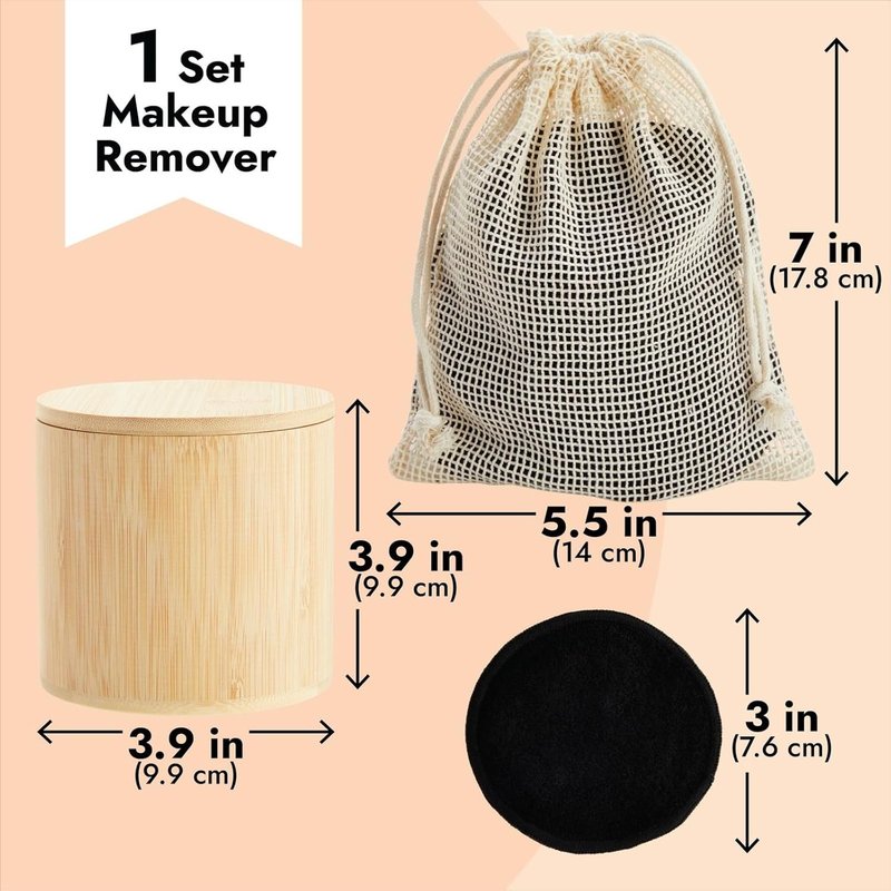 Reusable Cotton Rounds - 18 Pack for Makeup Removal | Bamboo Holder & Mesh Storage Bag (Black)