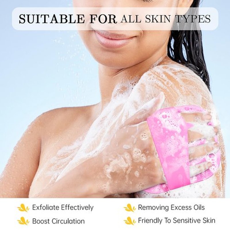 Silicone Body Scrubber for Women, Friendly Shower Body Scrubber for Sensitive Skin, Silicone Loofah Body Scrubber for Showering with Richer Foam Bristles and Anti-Slippery Handle, Pink