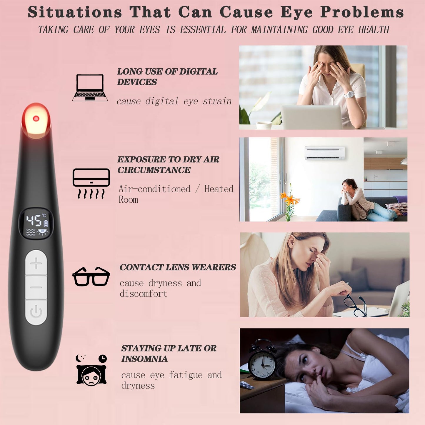 Vowleike Eye Lift Wand, 3 in 1 Vibrating 98°F to 113°F LCD Eye Massager for Dry Eyes, Dark Circles and Puffiness, Face & Neck Lifting Tool for Fine Lines and Wrinkles, Black