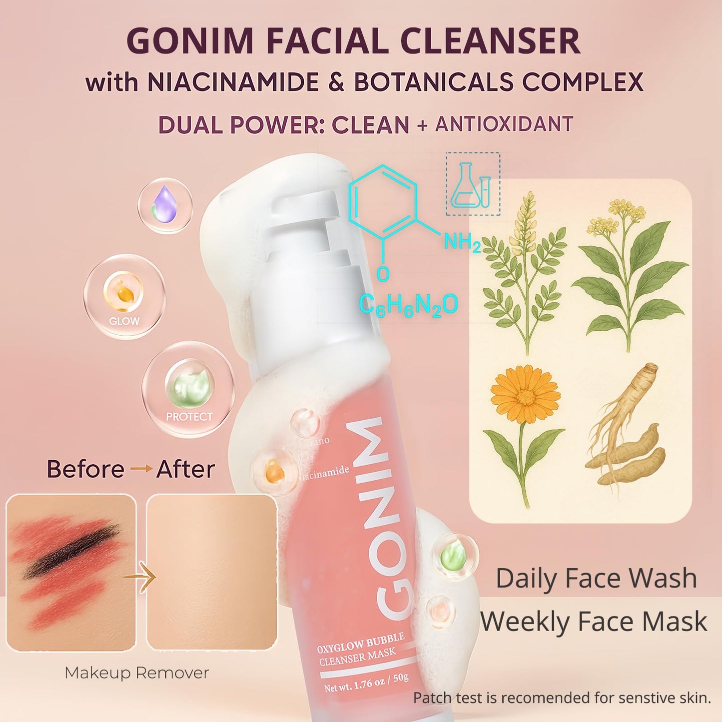 GONIM Face Wash Bubble Facial Cleanser with 3s Self-Foaming, Daily Face Wash for Makeup Remover, Collagen + Ceramides + Niacinamide, Weekly Face Mask for Oily Skin Deep Cleansing Skin Care 50g/1.76oz