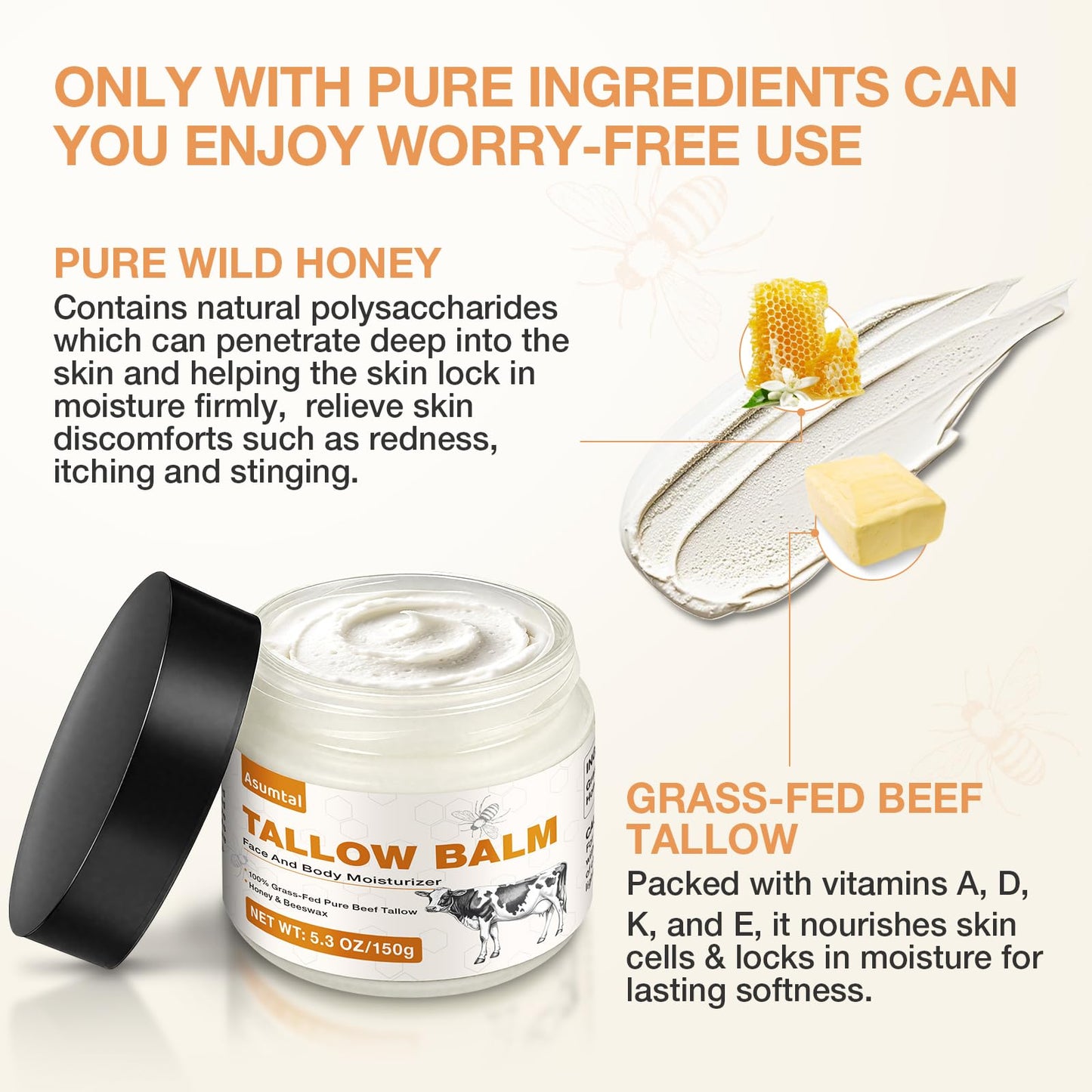 Asumtal Tallow and Honey Balm - Beef Tallow for Face & Skin Moisturizer, Deep Hydration for Dry & Sensitive Skin, Multi-Use Hydration for Night Cream & Full Body Care (5.3 Oz)
