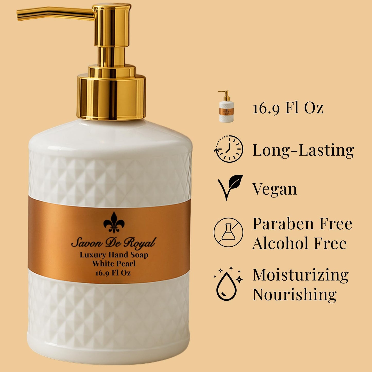 Savon De Royal Luxury Liquid Hand Soap, Musk - Vanilla Scent, Moisturizing Vegan Kitchen & Bathroom Soap for Hand Wash, Gentle & Nourishing Formula, Refillable Bottle 16.9 Fl Oz, White Pearl