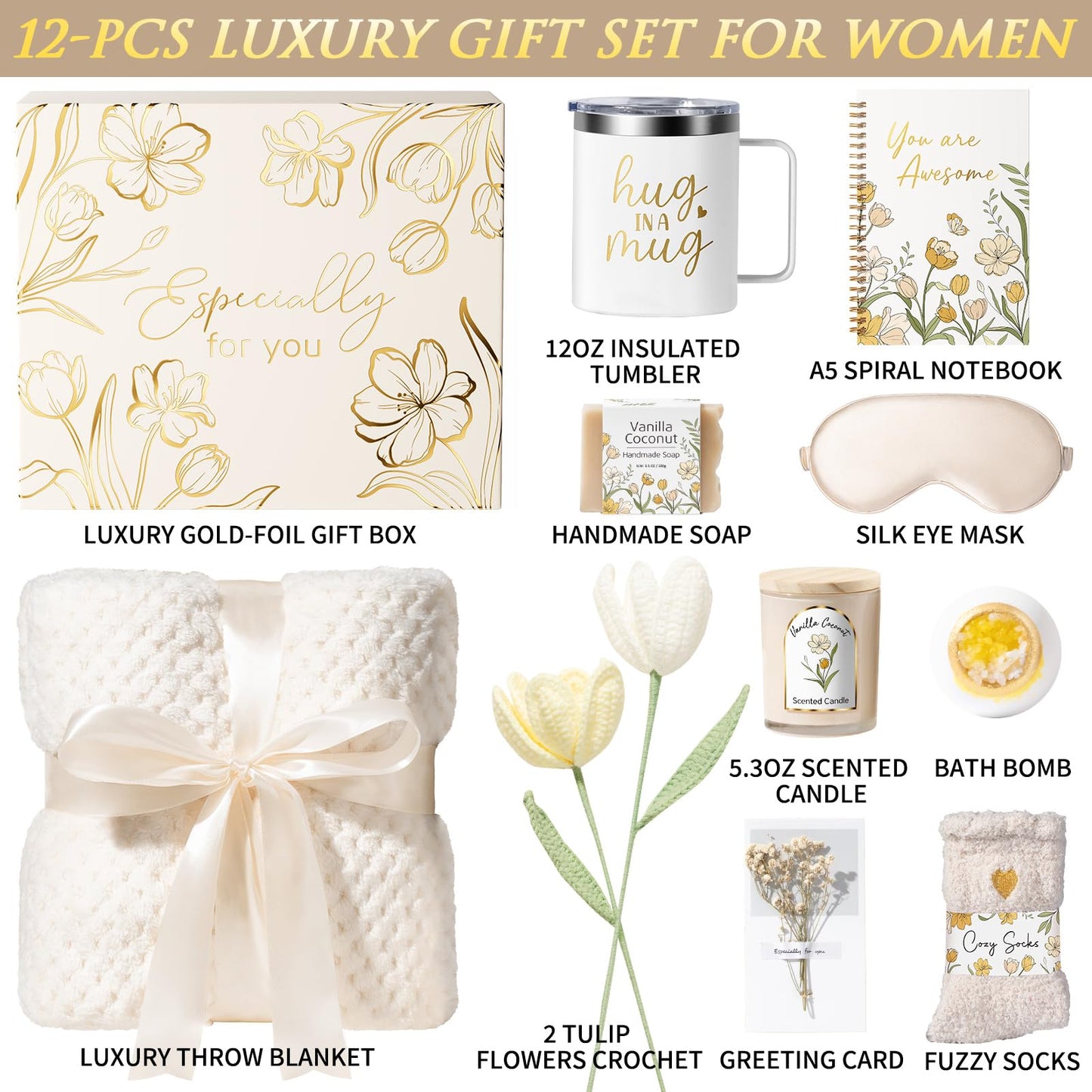 Birthday Gifts for Women Self Care Package, Get Well Soon Gift Baskets for Women Spa Gifts Set, Unique Christmas Thinking of You Inspirational Sympathy Gift Baskets for Mom Her Wife Best Friend Sister