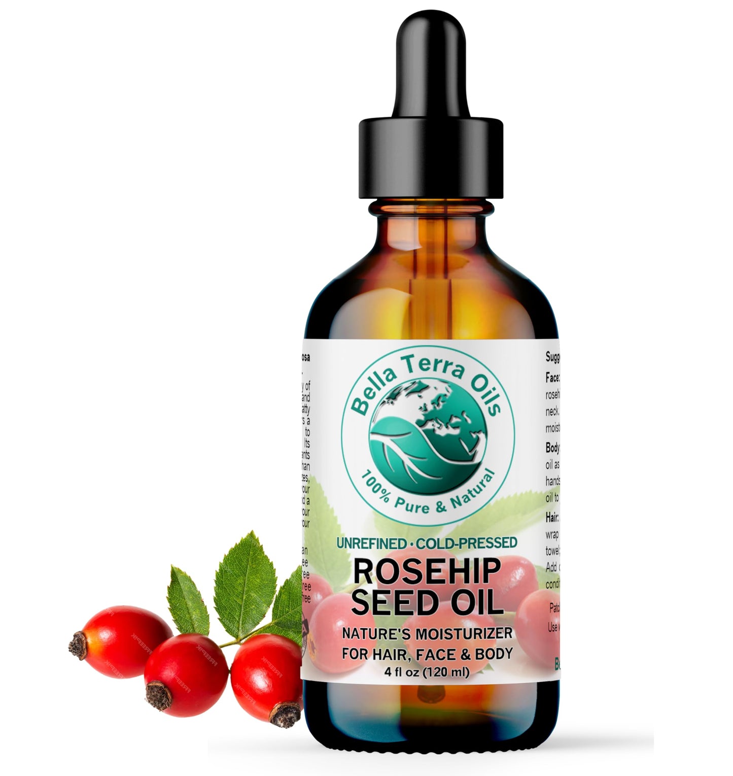 Bella Terra Oils - Organic Rosehip Oil 4 oz - Hailing from the Finest Rosa Mosqueta, Abundant in Omega-6 & Omega-3 Fatty Acids, Pure Radiance for Face