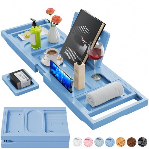 Yirilan Premium Bathtub Tray Caddy - Expandable Bath Tray - Unique House Warming Gifts, New Home, Anniversary & Wedding Gifts for Couple, Bridal Shower Gift for Women-Blue