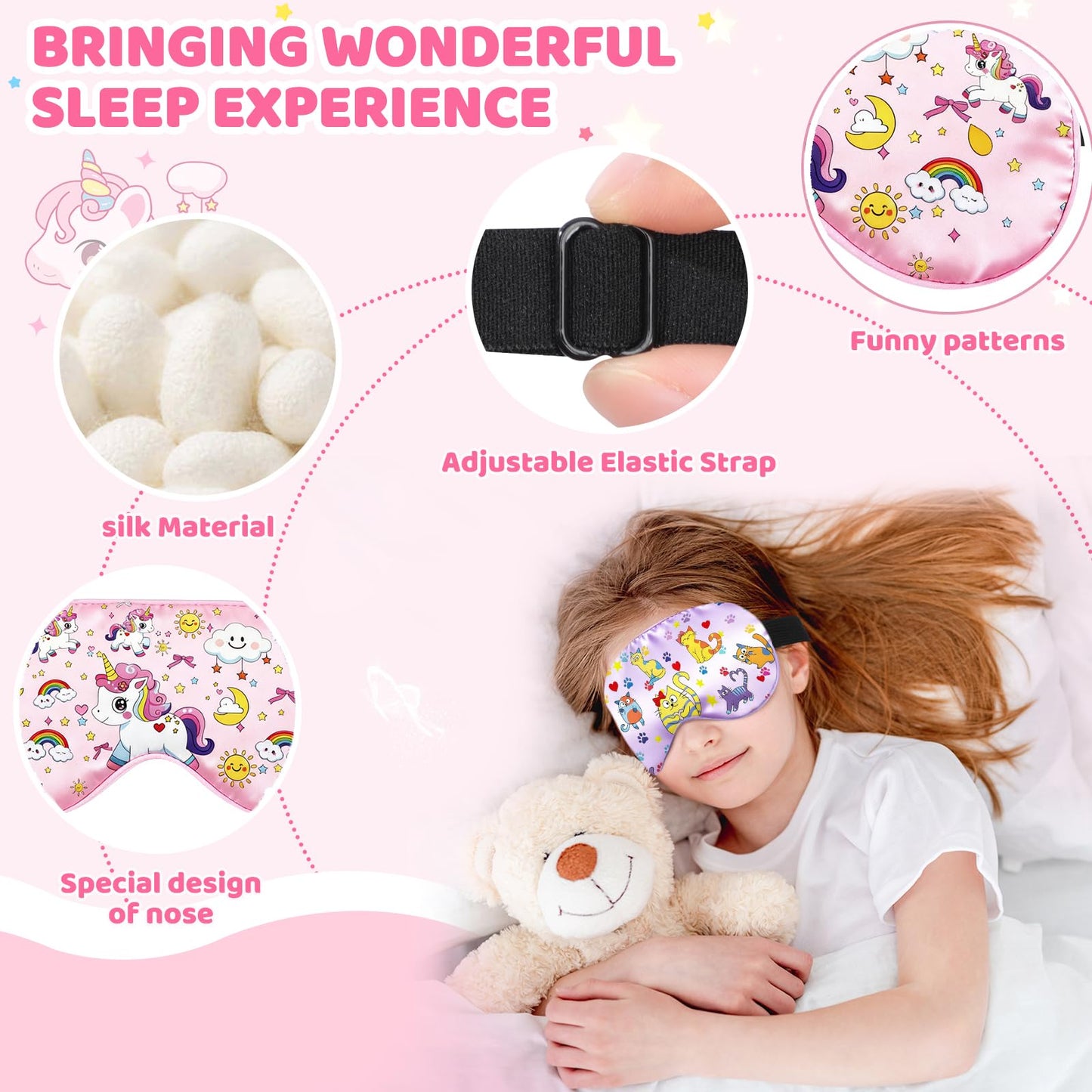 2 Pcs Sleep Mask for Kids Girls, Silk Eye Covers for Sleeping, Adjustable Strap & Light Blocking Design, Children's Bedtime Blindfold for Travel and Home Use (Rainbow Unicorn)