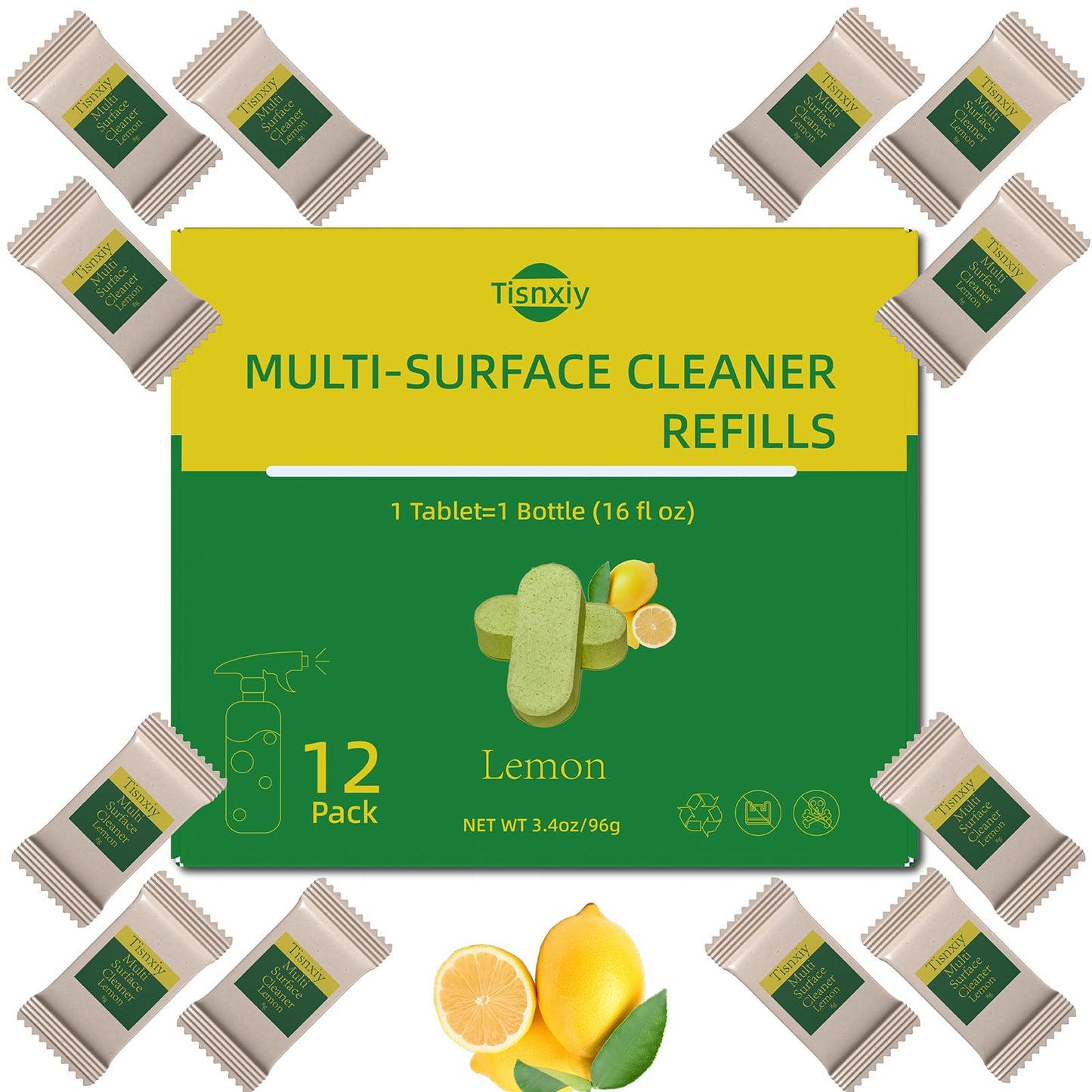 Tisnxiy Multi-Surface Cleaner Refill Tablets - 12 Count- 192 fl oz total (12x 16 fl oz) - All Purpose Cleaner Refill Tablets - For household and kitchen spray cleaners - Fresh Lemon Scent