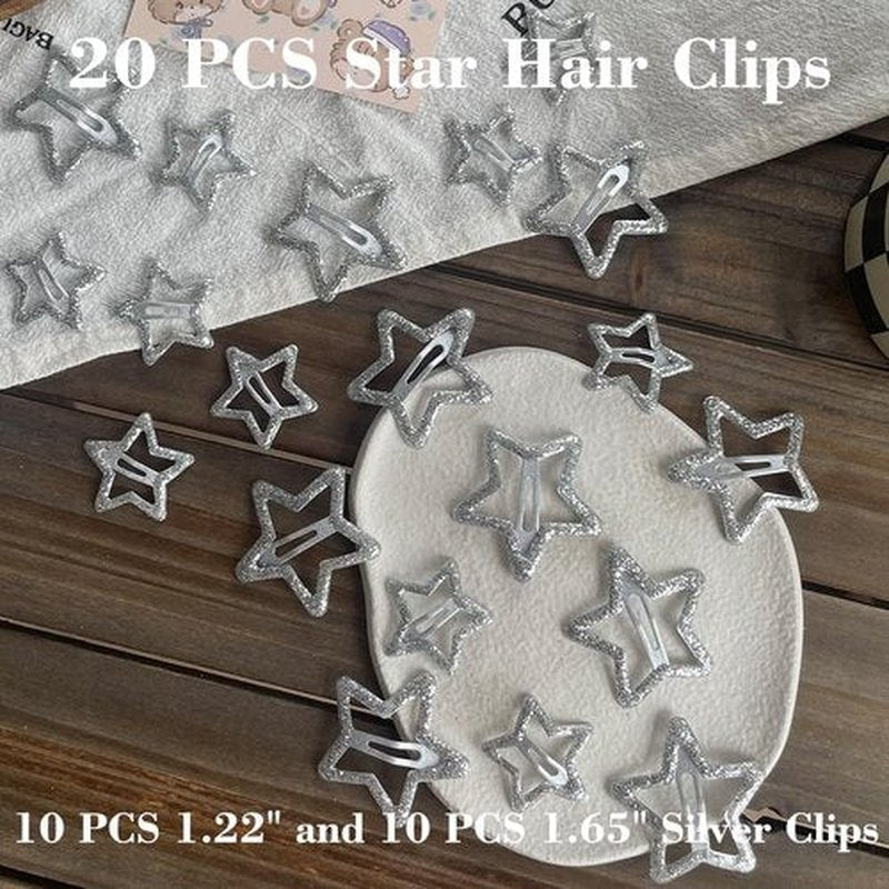 20 PCS Sparkling 1.22" and 1.65"Star Hair Clips Snap Star Hair Accessories Non Slip Star Clips for Girls Women Y2K Accessories Silver Metal Hair Clip Star Hair Barrettes Star Hair Clips Star Hair Clip