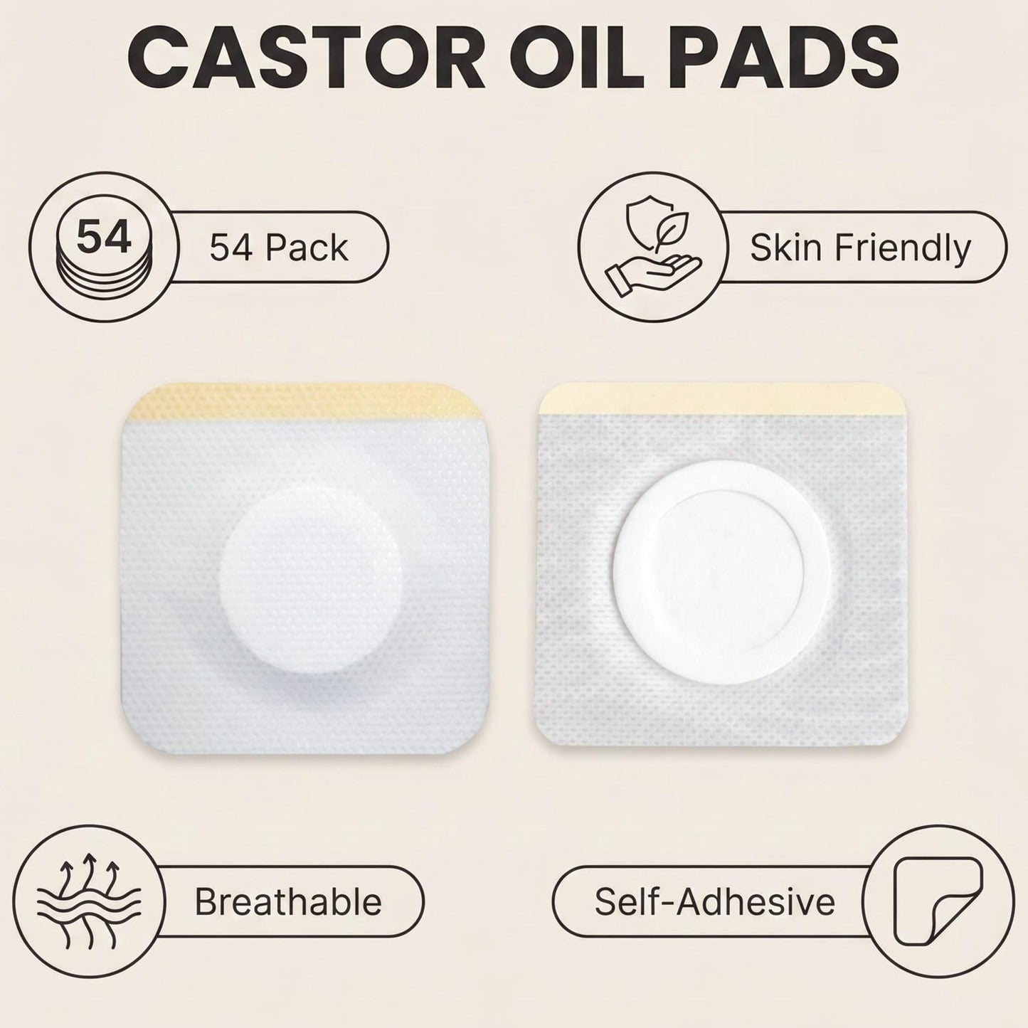 Castor Oil Patches for Belly Button, 54 Pack 3.2Inches Castor Oil Pack Wrap Organic Cotton, Self-Adhesive, No Wash, Anti Leakage and Portable Oil Wrap Pad Kits