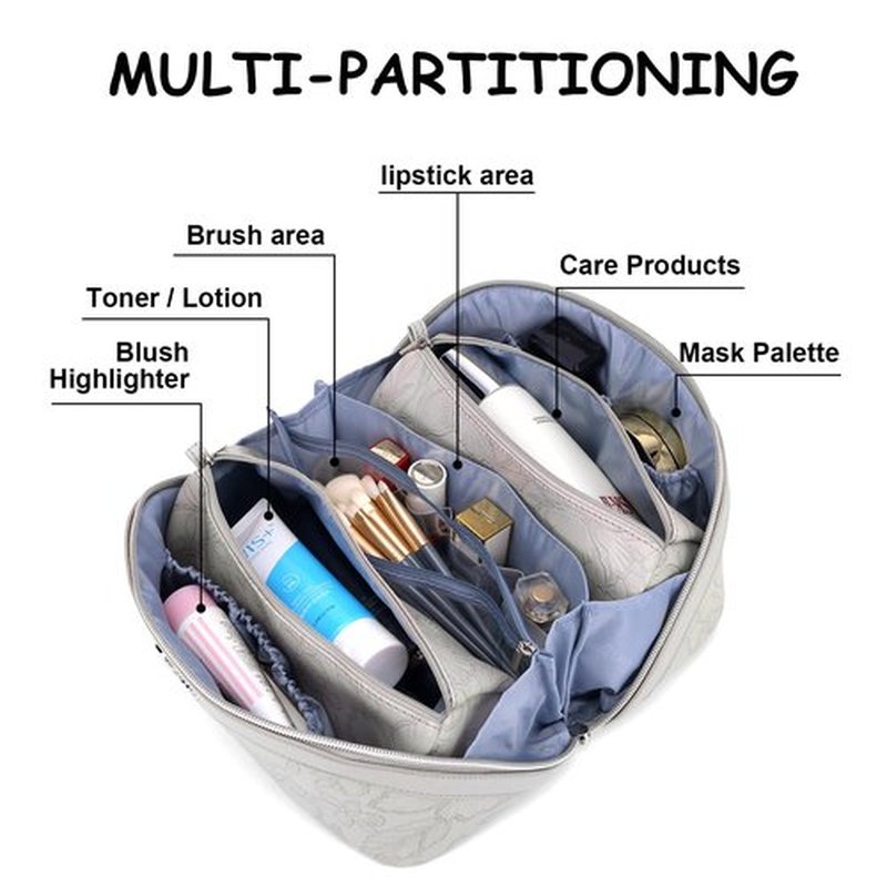 Travel Makeup Bags Cosmetic Organizer Bag: 3-Set Large Capacity Make up Bag - PU Leather Toiletry Bag for Women - Wide Open Portable Pouch with Divider & Handle (03-Light Gray)