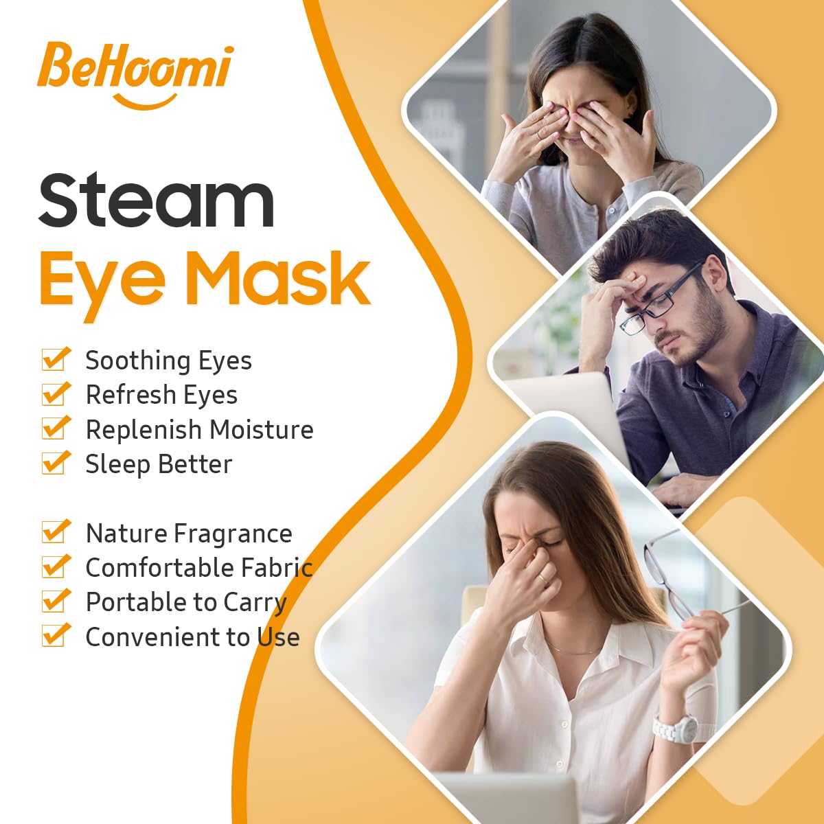 BeHoomi 30Packs Steam Eye Mask, Heated Eye Mask Warm Compress for Eyes, Self Heating Warm Eye Masks Disposable Steam Mask for Home Sleep, Spa, Travel Essentials & Relaxation Gifts (Sweet Orange)