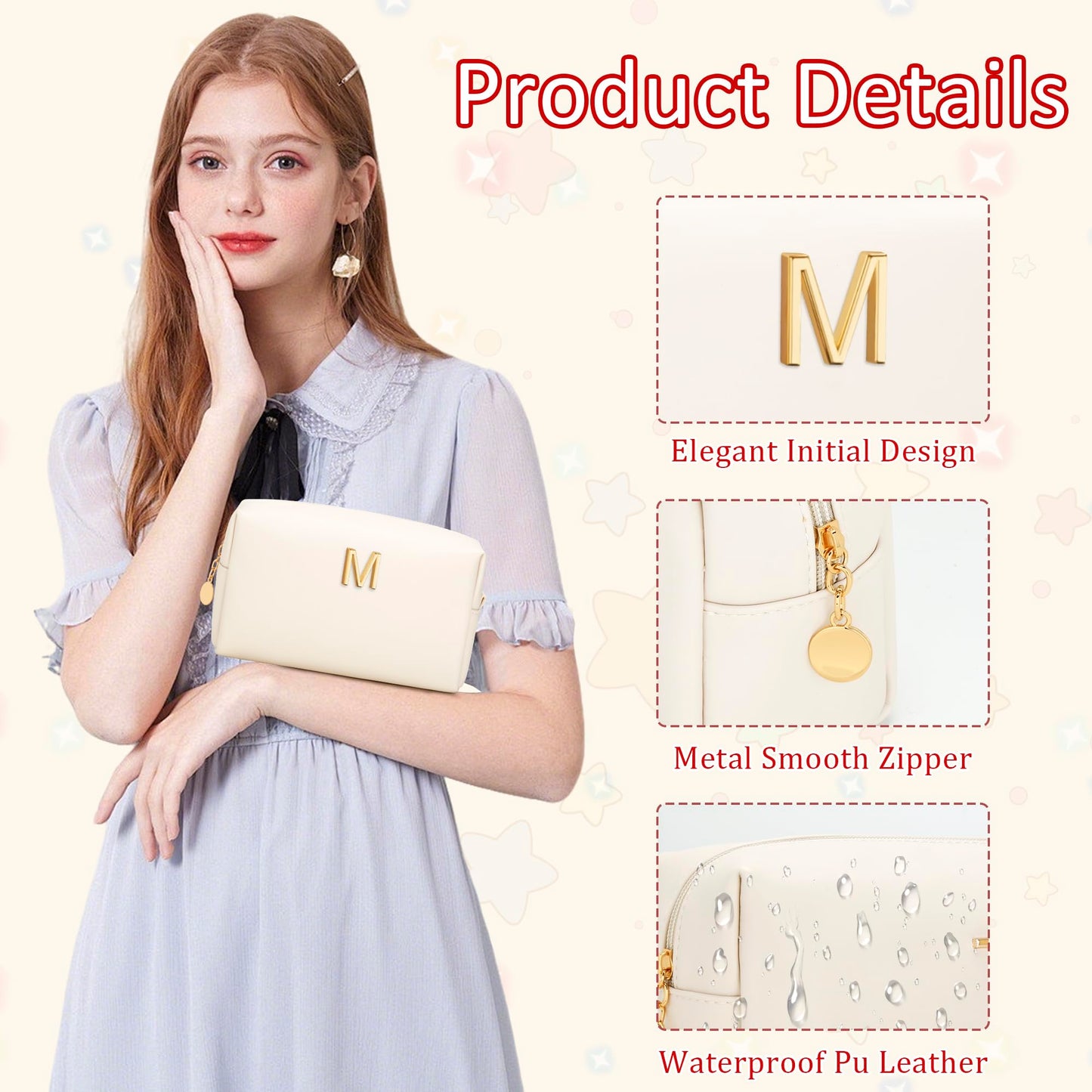CLOUDWINGS Gifts for Women Bridesmaid Gifts Personalized Initial Makeup Bag PU Leather Cosmetic Waterproof Travel Toiletry Bag (Beige M)
