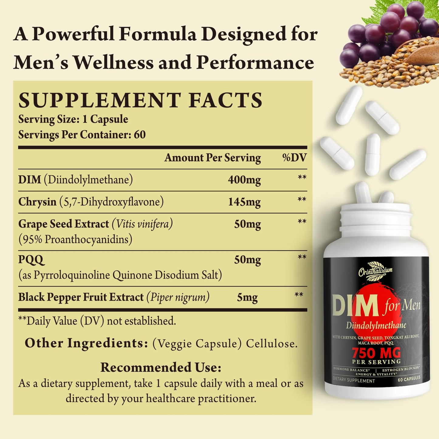 Orinthalixium DIM for Men 750MG – Hormone Balance, Estrogen Support for Men, DIM Supplement, Detox, Vitality & Fitness Performance–Chrysin & Black Pepper Extract, 60 Capsules (2 Bottle)
