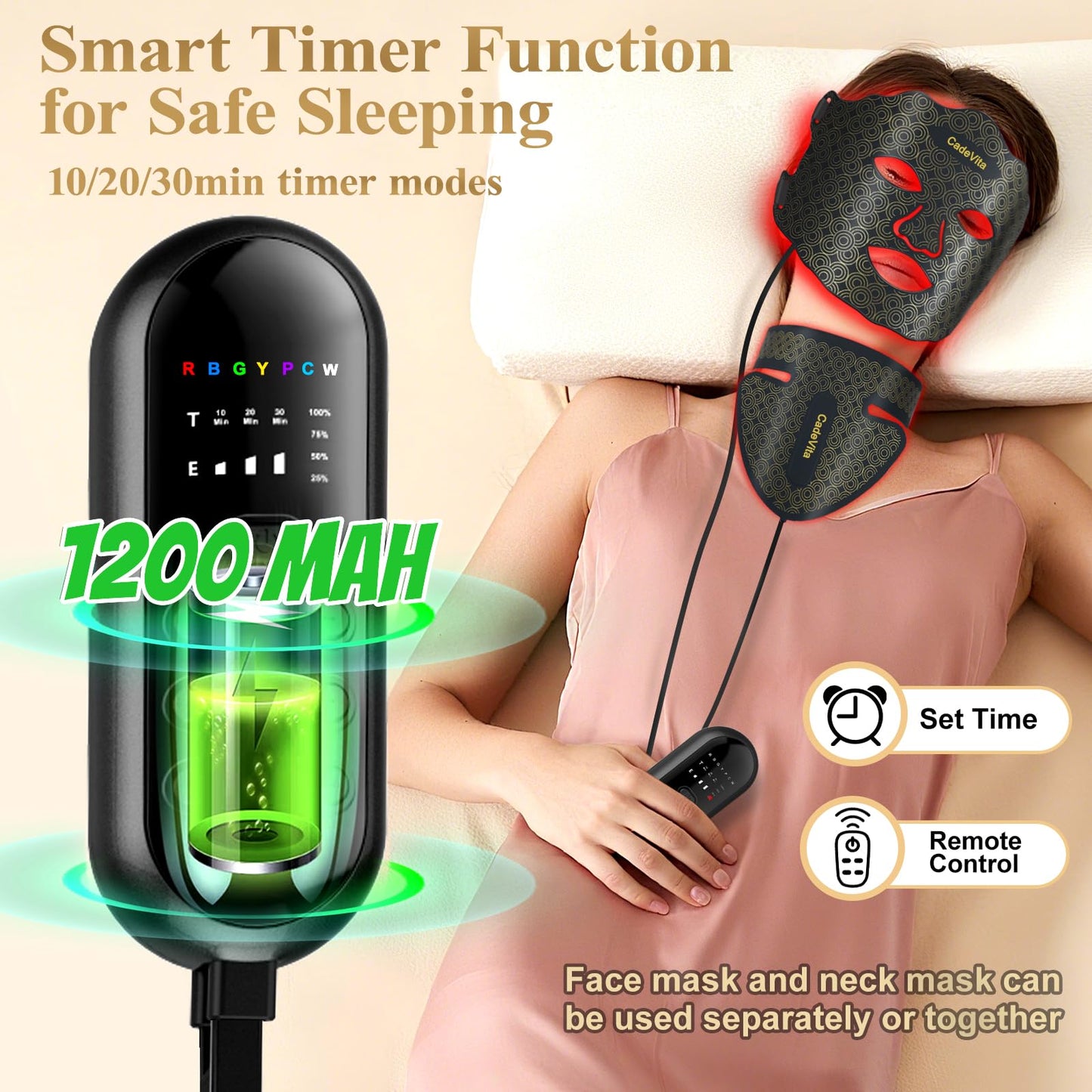 CadeVita Red Light Therapy Mask for Face and Neck, 7 Colors LED Face Mask with 173 LED Beads, 1200mAh Rechargeable Led Face Mask with Timer Function for Skin Care Device at Home and Travel, Black