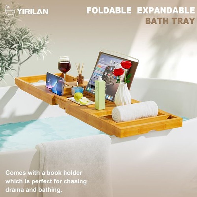 Yirilan Bamboo Bathtub Tray Caddy, Expandable Wooden Bathroom Tray, Luxury Bamboo Bathtub Tray, Bath Tub Table Caddy, Bamboo