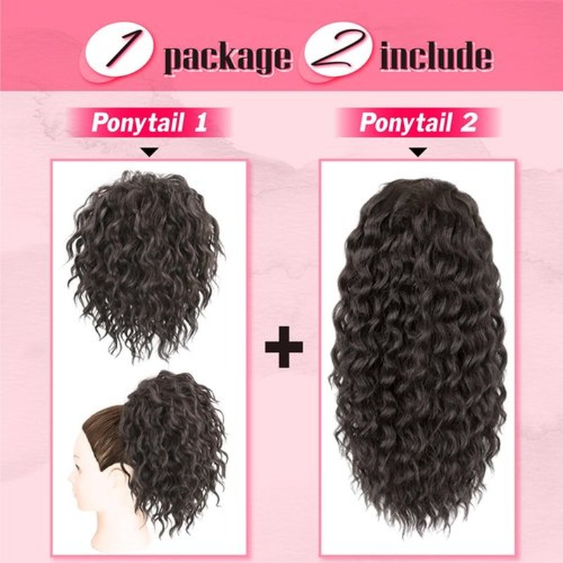 Adancyler 2PCS Ponytail Extension, 8" Messy Bun Hair Piece+20" Wavy Drawstring Ponytail Extensions Synthetic Hairpieces Pony Tails Hair Extensions for Women(Black Brown)