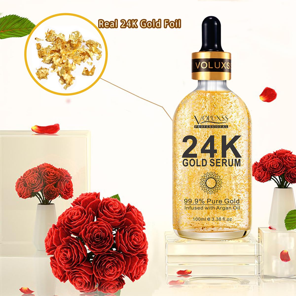 Voluxss 24K Gold Serum for Face,Skin Brightening Anti Aging Face Serum Moisturizer with Vitamin C,Hyaluronic Acid & Argan Oil for Dark Spots & Fine Lines,Korean Skin Care Glow Collagen Booster