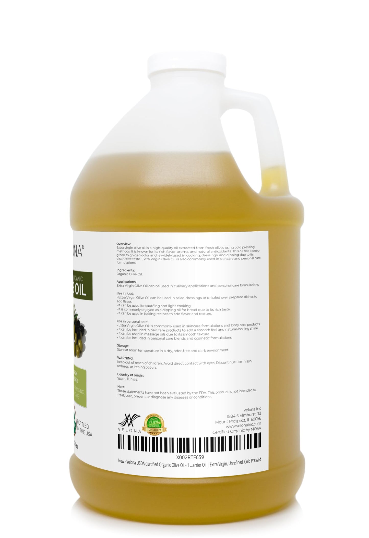 velona USDA Certified Organic Olive Oil -1 Gallon / 128 Fl Oz | 100% Pure and Natural Carrier Oil | Extra Virgin, Unrefined, Cold Pressed | Cooking, Dressing, Face, Hair, Body & Skin Care | Use Today - Enjoy Results