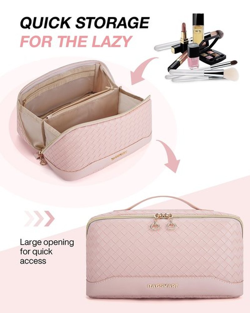 BAGSMART Makeup Bag Cosmetic Bag, Travel Makeup Bag, PU leather Makeup Bags for Women Portable Water-resistent Pouch Open Flat Make Up Organizer Bag for Toiletries, Brushes, Leather Pink