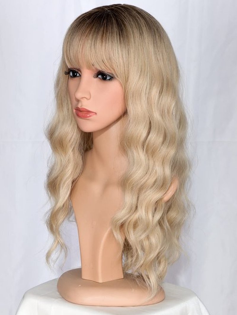 SYMEIW Medium Long Blonde Wavy Wigs For Women Synthetic Full Hair Wigs With Bangs For Daily Use (Blonde)