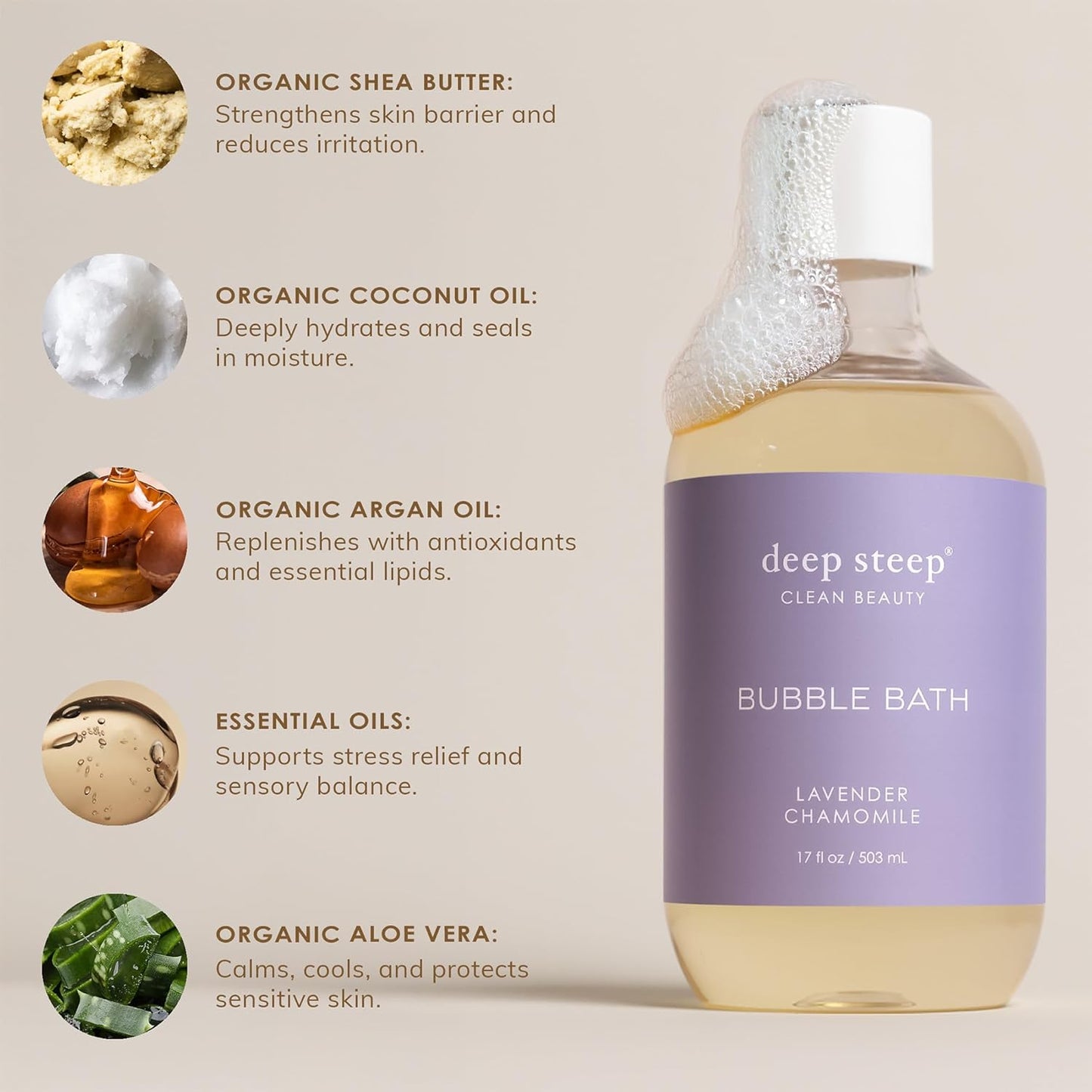 Deep Steep Bubble Bath, Lavender Chamomile, 17 oz (Pack of 2) – Soothing Soak with Shea Butter, Argan Oil, Aloe Vera & Coconut Oil – Vegan, Sulfate-Free, PH-Balanced Clean Beauty