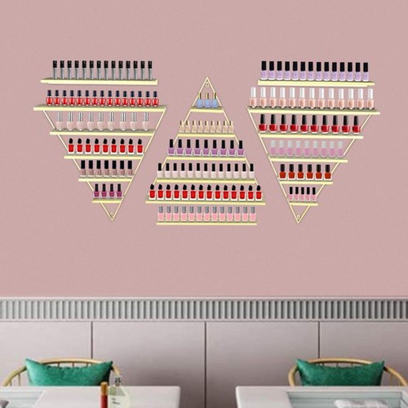 LEYSRIS Wall-Mounted Nail Polish Rack, Set of 6 Triangular Gold Nail Polish Shelf Lipstick Perfume Cosmetic Display Shelf for Home Spa Nail Salon Shop