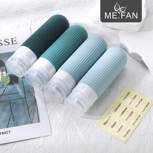 ME.FAN Travel Bottles for Toiletries, TSA Approved 3oz Silicone Travel Size Containers/Portable Split Bottle, Travel Accessories for Conditioner, Shampoo, Lotion - 4 Pack Blue