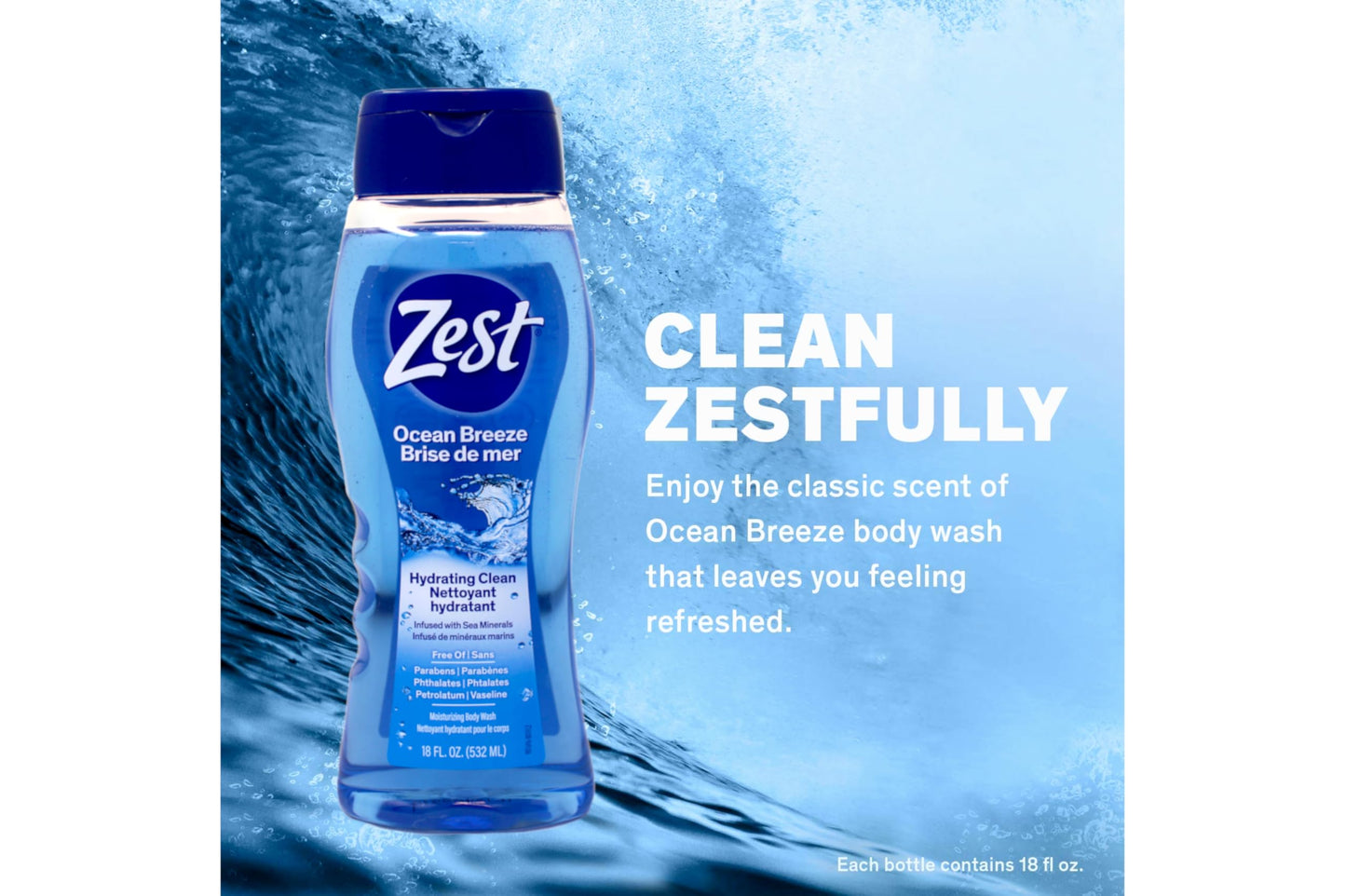 Zest Body Wash - Enriched with Sea Minerals - Invigorating Scent - Hydrating Body Soap - Suitable for All Skin Types - Ocean Breeze - 6 pc