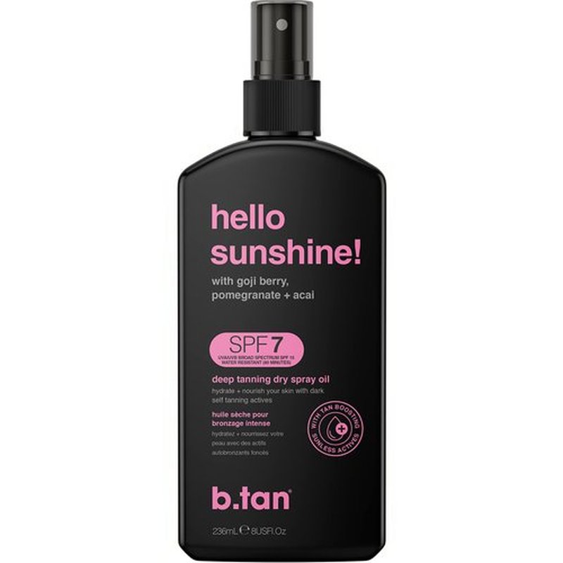 b.tan SPF 7 Deep Tanning Dry Spray | Hello Sunshine Tanning Oil - Enriched w/Bronzer & Tan Boosting Actives, Deeply Nourishes Skin w/Goji Berry, Pomegranate + Açai, Vegan, Cruelty Free, 8 Fl Oz