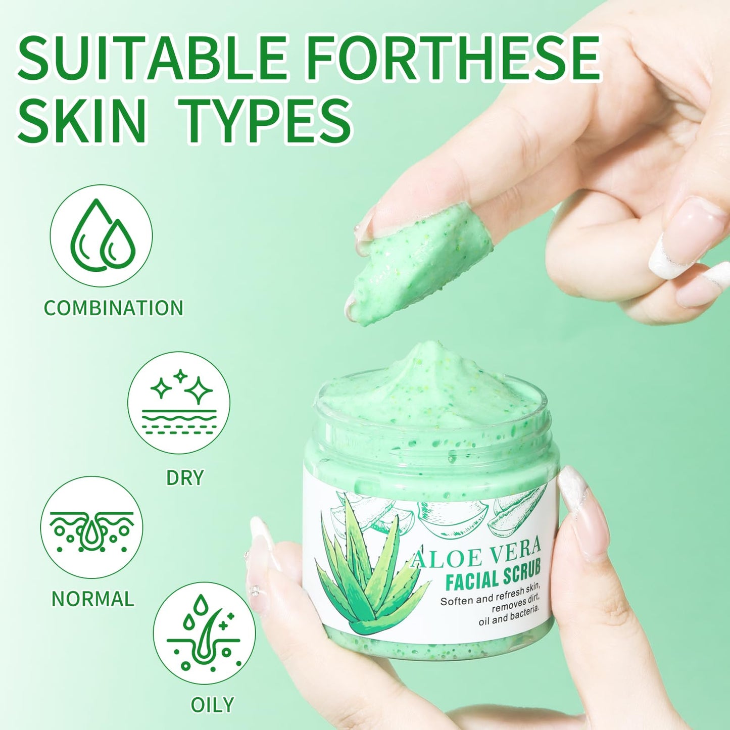Facial Scrub & Face Exfoliator, Aloe Vera Exfoliating Facial Scrub & Cleanser for Smooth Skin, Face Exfoliator Gentle Pore Refining for Refresh Skin