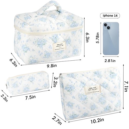 URSKYTOUS 3Pcs Cotton Quilted Makeup Bag for Women Girls Large Small Travel Floral Cosmetic Bags Set Cute Coquette Zipper Makeup Pouch for Purse Aesthetic Cloth Flower Storage Toiletry Bag Organizer