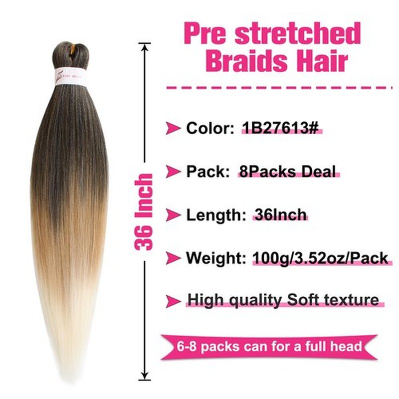 Unionbeauty Pre Streched Braiding Hair 36 Inch 8 Packs Ombre Brown Blonde Long Brading Hair Soft Yaki Texture Easy Braid Hair for Braids Hot Water Setting Synthetic Crochet Hair Extensions (1B27613#)