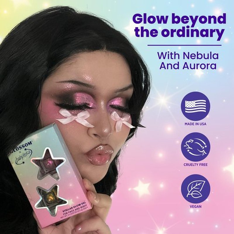 Blossom x babyleska Stellar Glow Gel Chrome Flake Eyeshadow Flake Multichrome Color Gradient Shiny Eye Shadow Topper Multi-Tone High Shine Finish Metallic Glitter Shimmer, 2pk, Supernova/Shooting Star