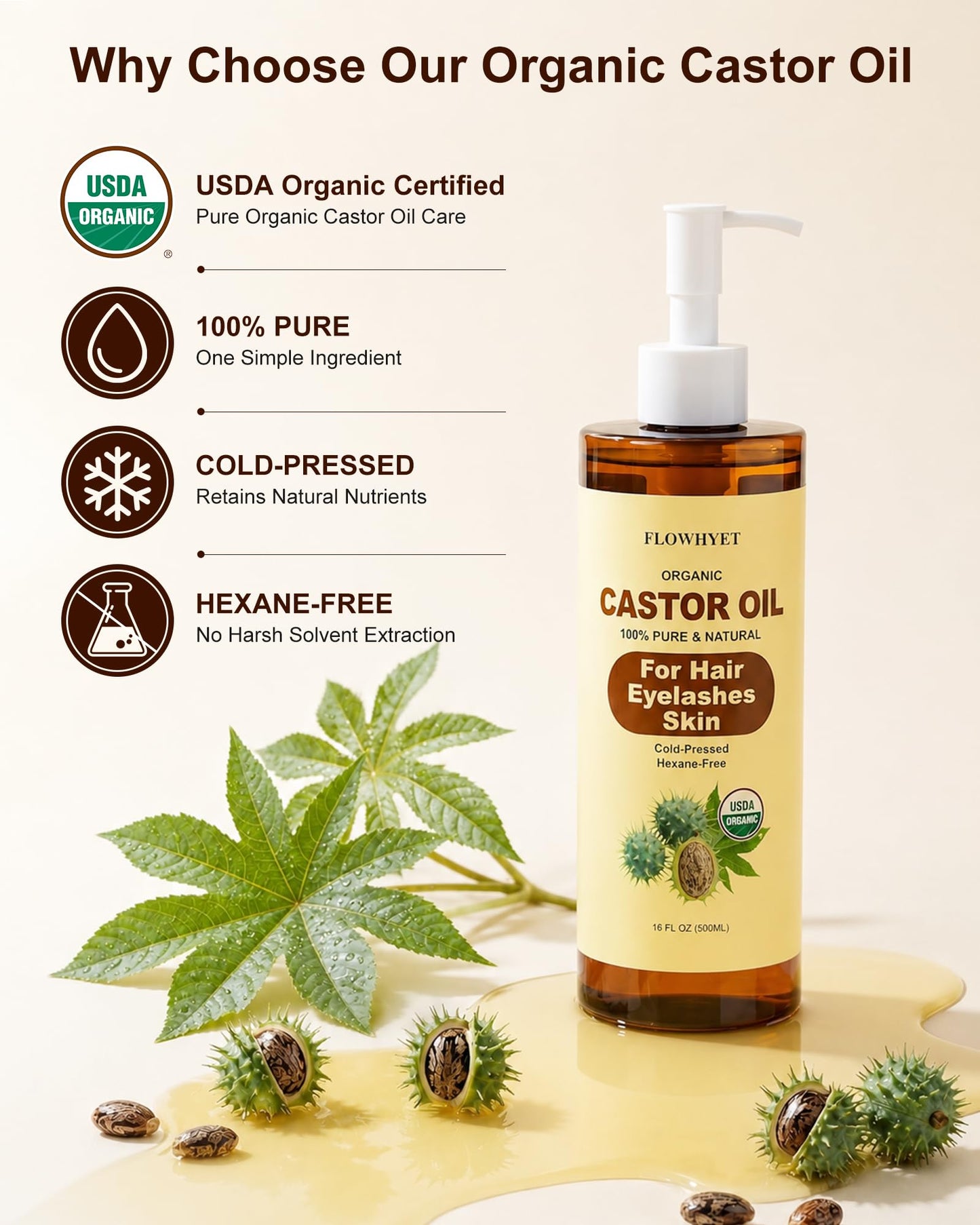 FLOWHYET Organic Castor Oil for Hair Growth, Pure Eyelash Eyebrow Growth Serum, USDA Certified Body Oil for Face Skin Care, Cold Pressed, Hexane Free, for women, 15.5 Fl Oz