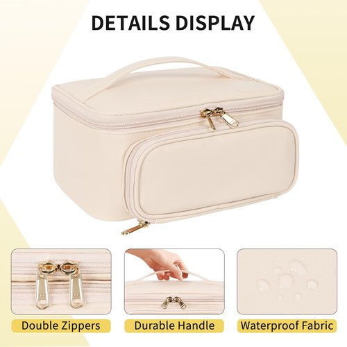 OCHEAL Makeup Bag, Multifunctional Make Up Bags Large Compact Makeup Bag Organizer Cosmetics Toiletry Brushes Storage Case for Women Girls Makeup Case with Handle Divider-Beige