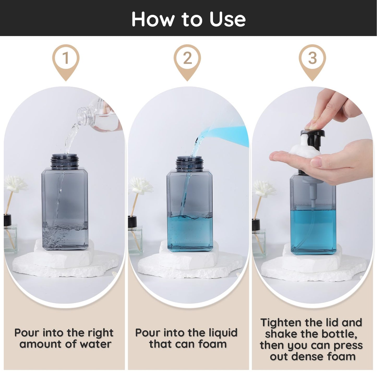 Segbeauty Empty Foam Soap Dispenser Pump Bottles 15.2oz 2pcs, Refillable Foaming Hand Soap Dispenser, 450ml Gray Foam Bottle with Waterproof Stickers, Plastic Square Liquid Foaming Container BPA Free