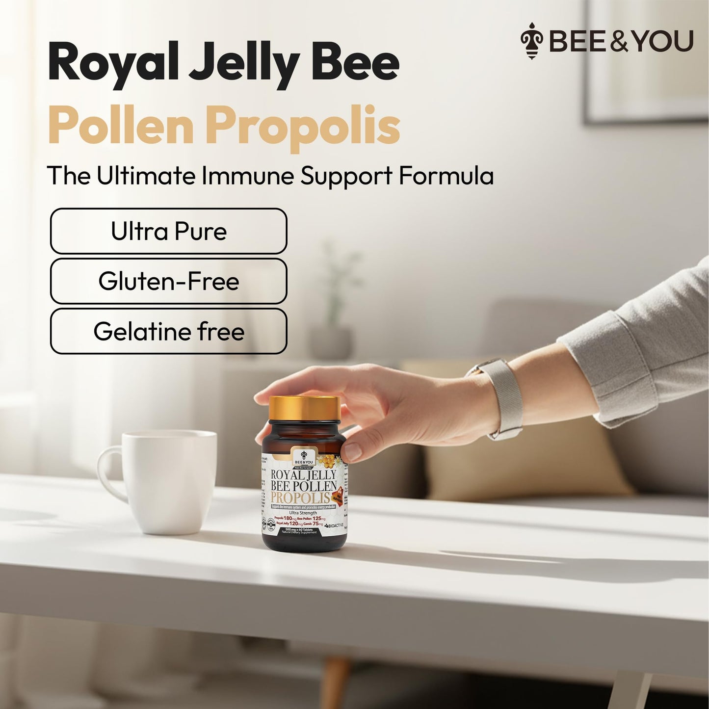 Bee and You Royal Jelly Tablet, Propolis Extract, Bee Pollen, 100% Natural Superfood, Ultra Pure, Immune Support Supplement, Improve Energy, Focus, Antioxidants, Fresh, Keto, Paleo, Gluten-Free | 60ct