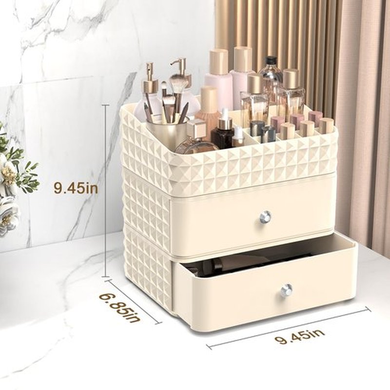 Rosoenvi Makeup Organizer for Vanity, Stackable Cosmetics Organizer and Storage, Cosmetic Display Cases with 2 Drawers and 1 Tray for Makeup Brush, Hair Accessories, Lipstick and Jewelry, Beige