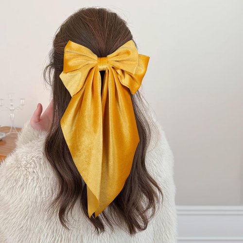 Yellow Velvet Ribbon Hair Bow Clips with Long Tail Large Bowknot French Barrette Ponytail Holder Decor Accessories for Women Girls Fall Winter Early Spring Seasons