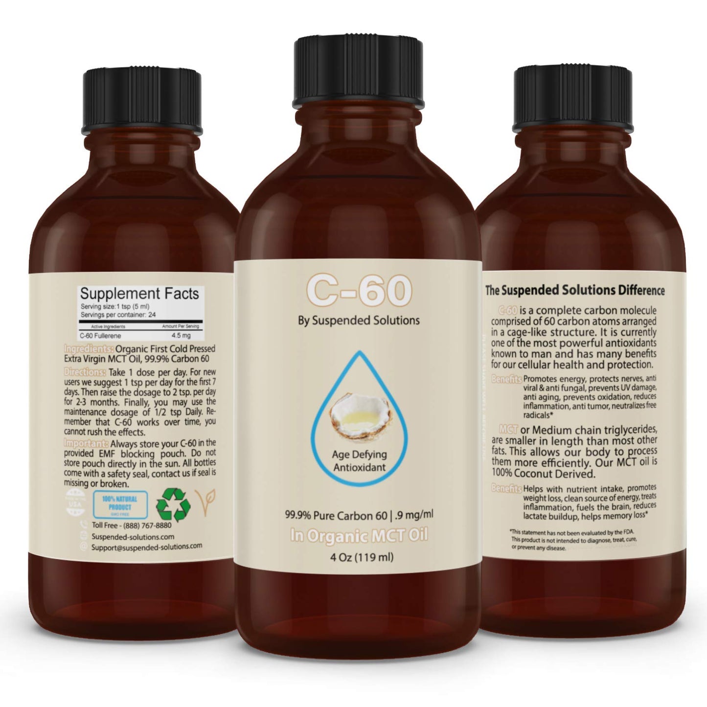 Suspended Solutions Carbon 60 C60 in MCT Oil – 4oz Glass Bottle, 108mg Pure C60, 99.9% Solvent Free, Organic Extra Virgin MCT, Antioxidant Supplement