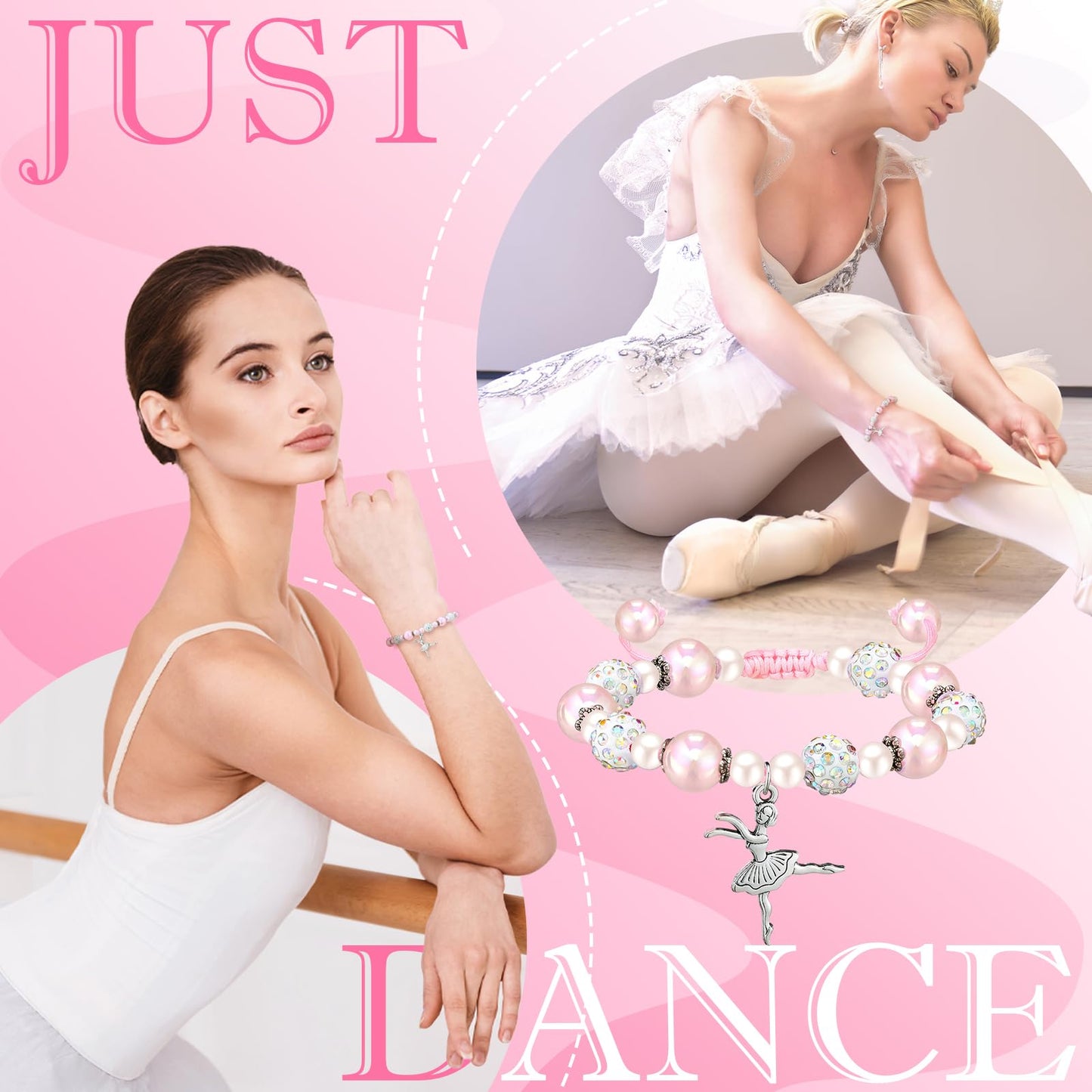Ecation 12 Sets Dance Recital Gifts for Women Sparkly Dance Bracelets Ballerina Jewelry Team Gifts Ballet Stuff Ballerina Bracelets for Dancing Competition Prizes Ballet Dancers Friends Mate(Pink)