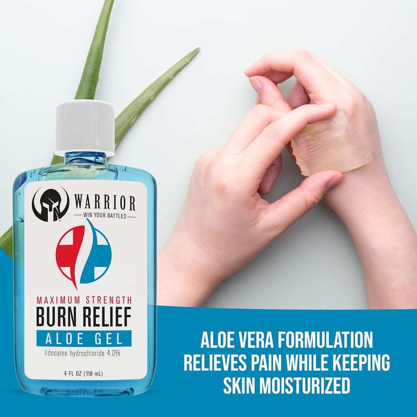 WARRIOR -WIN YOUR BATTLES- Burn Relief Gel for Skin Made in USA Aloe with Aloe Vera Gel with Lidocaine 4% Highly Effective for Sunburns, Insect Bites Relief Fragrance Free (4 FL OZ)
