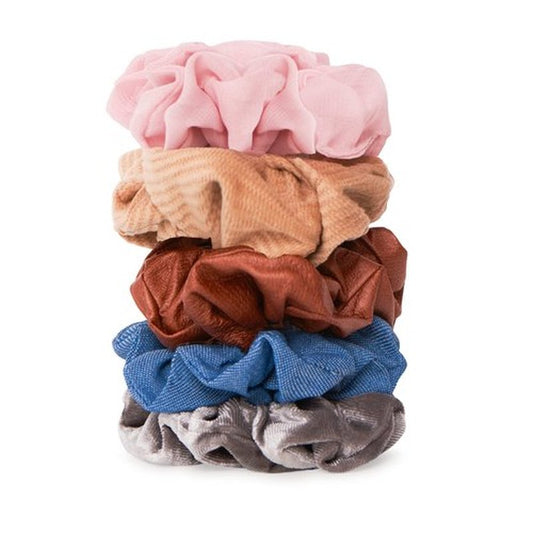 Gimme Beauty - Hair Scrunchies Variety Pack - Denim, Corduroy, Faux Leather, Blush, and Velvet Scrunchies - Gentle All Day Hold Hair Styling Accessories - No-Slipping, Snagging or Creasing (5 Count)