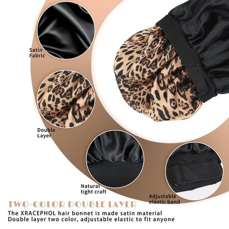 Silk Bonnet for Sleeping Double Layer Satin Bonnet Adjustable Bonnets for Black Women Sleep Cap Reversible Hair Bonnet for Curly Hair (Black and Leopard)
