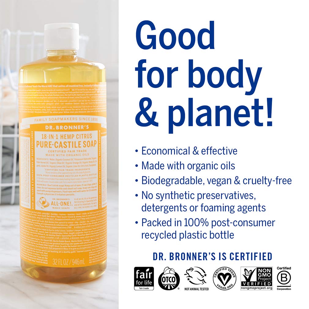 Dr. Bronner's Pure-Castile Liquid Soap - Citrus 32oz | Organic, Vegan, 18-in-1 Uses