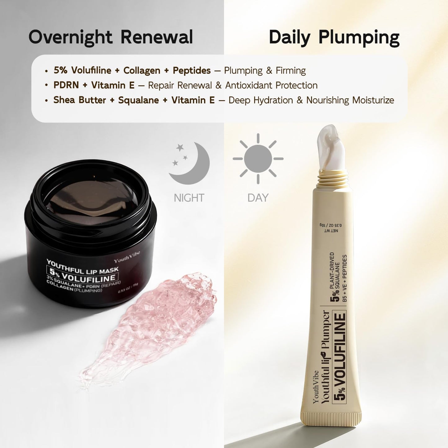 YouthVibe Lip Mask Overnight Moisturizing - Nourish & Hydrate, Antioxidants, 5% Volufiline, Vitamin E, Shea Butter, PDRN & Collagen Sleeping Lip Treatment for Dry, Chapped Lips