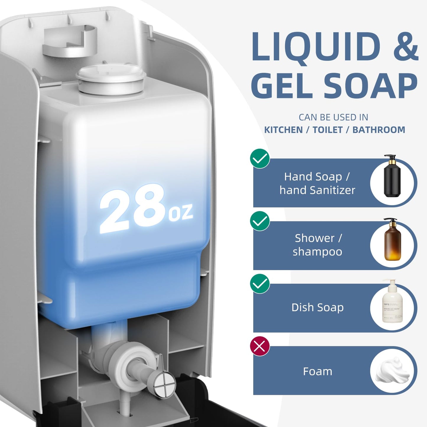 PLUSSEN Soap Dispenser Wall Mount Adhesive Commercial Soap Dispenser 800ml No Drill Hand Sanitizer Dispenser for Bathroom Support Liquid and Gel,Black-PN9088
