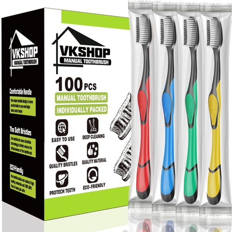 VKshop 100 Bulk Charcoal Toothbrushes, Individually Wrapped Travel Toothbrush Set for Adults Kids, Disposable Manual Toothbrushes Set (4 Colors)