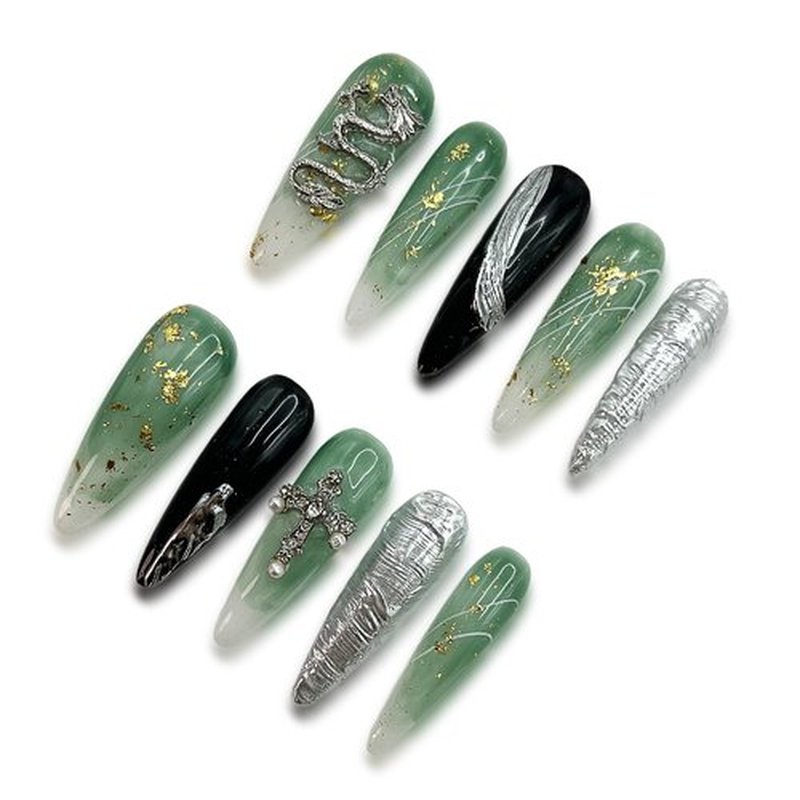 Wsliana Nails Handmade Press On Nail.Emerald Green Press On Nail Long Stiletto Acrylic Fake Nails with Charm 3D Design,Reusable Glue On Nail for Woman,Set of 10pcs Hand-Painted False Nail(009 S)
