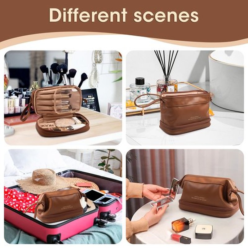 Abiudeng Large Makeup Bag,Waterproof Cosmetic Bag,Make up Travel Bag Essentials,Cute Travel Toiletry Bag for Women Makeup Bag Organizer with Bottom Pouch,Travel Size Toiletries Bag for Women Brown